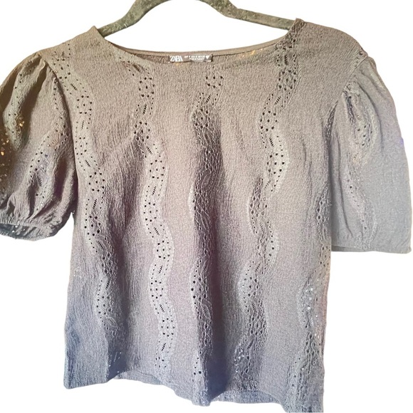 Zara women’s small black round neck peasant‎ sleeves cropped top. - Picture 1 of 4